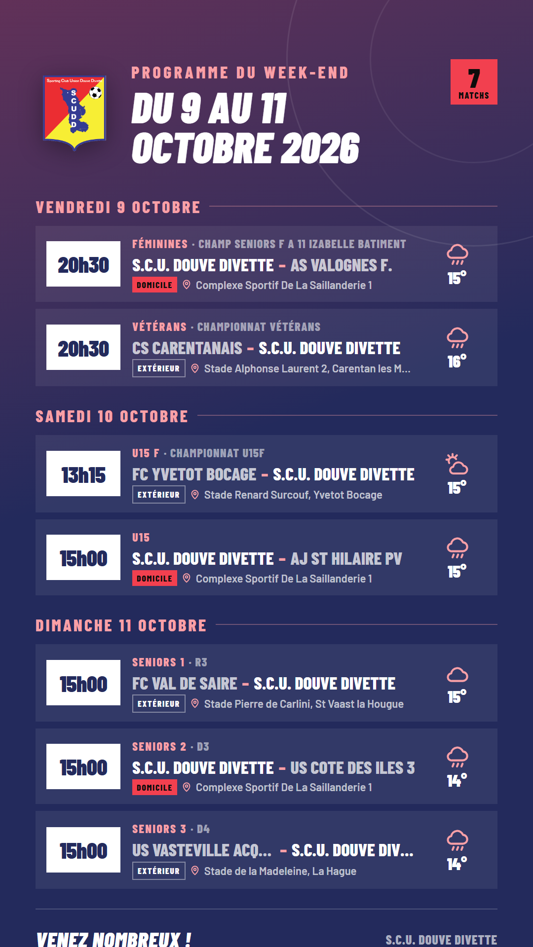Programme du week-end du S.C.U. Douve Divette, du 9 au 11 octobre 2026